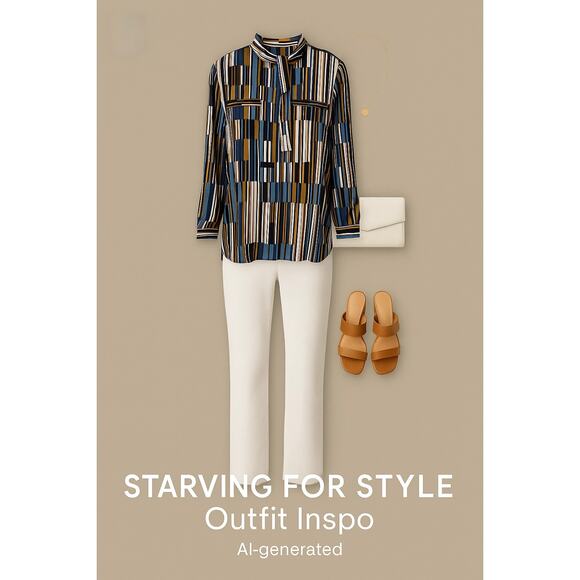 Rafaella Women’s Blouse Medium Geometric Stripe Print Multicolor Long Sleeve Top - Picture 6 of 6